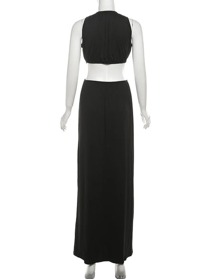 kliou Shirring Waistless Women Maxi Dresses Hipster Simple Sleeveless Splice O-neck Sheath Straight Robe Female Evening Frock