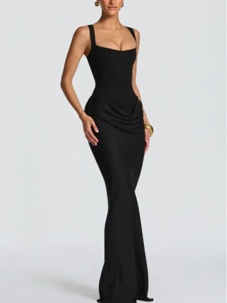 Solid Pleated Sling Dress Square Neck Sleeveless Off-shoulder Waist Cinching Slim Women Dresses Fashion Evening Party Gowns 2025