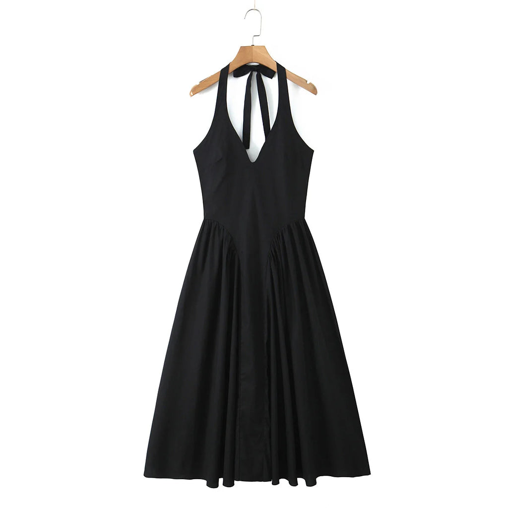 YENKYE Sexy Backless Green Elegant Halter Dress For Women Low Waist A-line Midi Summer Evening Party Dresses Cotton Robe