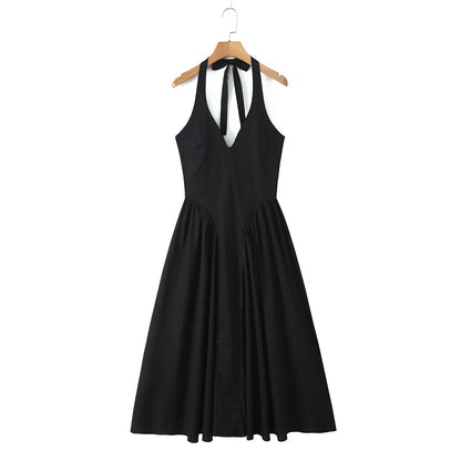 YENKYE Sexy Backless Green Elegant Halter Dress For Women Low Waist A-line Midi Summer Evening Party Dresses Cotton Robe