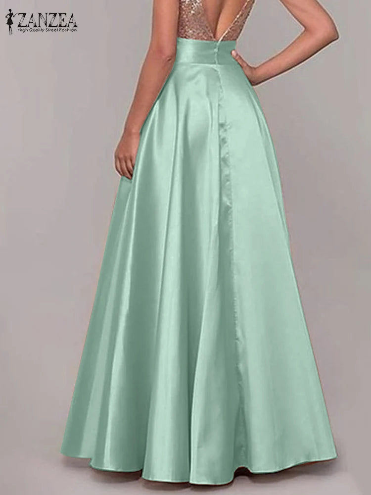 ZANZEA Women Satin Silk Black Maxi Long Skirts Elegant Luxury High Waisted A-Line Party Jupe Femme with Back Zipper Faldas Mujer