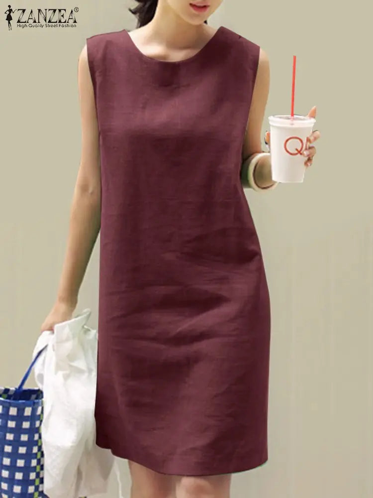 2024 Summer Dress ZANZEA Fashion Sleeveless Beach Vestidos Office Work Sundress Women Elegant Solid Color Dresses Robe Femme