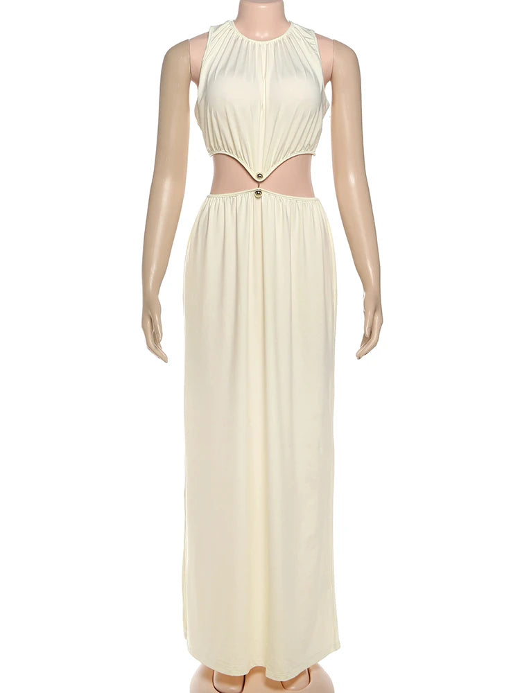 kliou Shirring Waistless Women Maxi Dresses Hipster Simple Sleeveless Splice O-neck Sheath Straight Robe Female Evening Frock