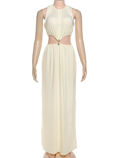 kliou Shirring Waistless Women Maxi Dresses Hipster Simple Sleeveless Splice O-neck Sheath Straight Robe Female Evening Frock
