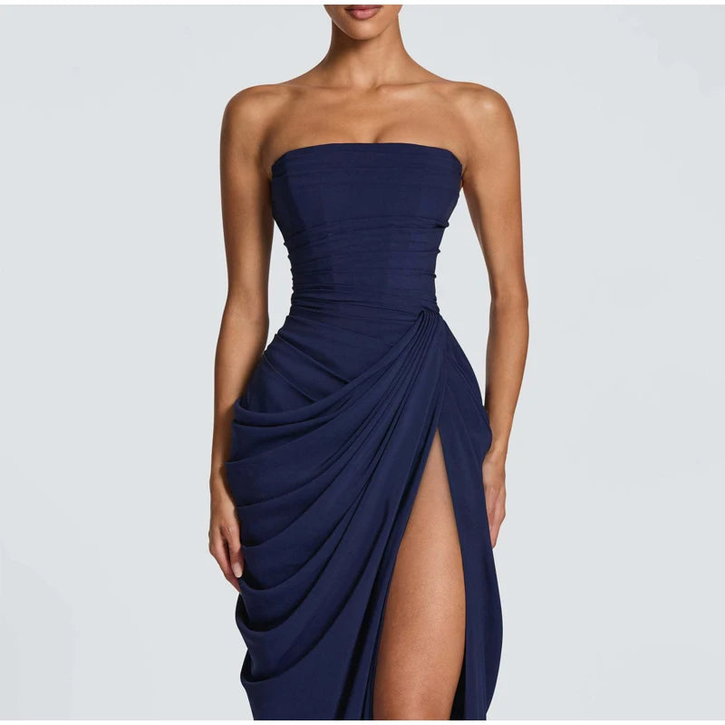 Yellow Strapless Pleated Women Split Maxi Dress Elegant Sleeveless Waist Cinching Slim Fit Dresses 2026 Lady Daily Party Gowns