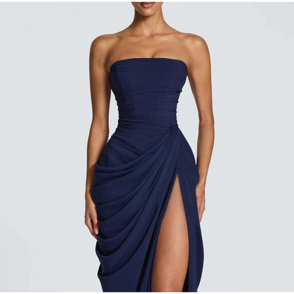 Yellow Strapless Pleated Women Split Maxi Dress Elegant Sleeveless Waist Cinching Slim Fit Dresses 2026 Lady Daily Party Gowns