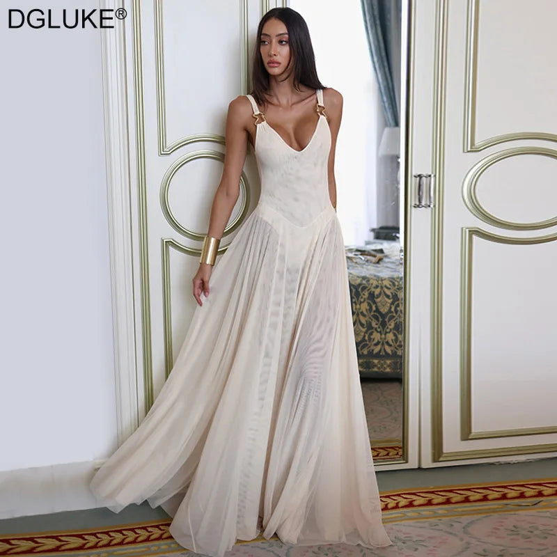 DGLUKE Transparent Mesh Maxi Dress With Bodysuit Plunging Backless Long Summer Dress Women Sexy Beach Party Dresses