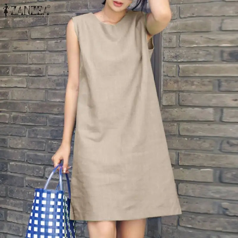 2024 Summer Dress ZANZEA Fashion Sleeveless Beach Vestidos Office Work Sundress Women Elegant Solid Color Dresses Robe Femme