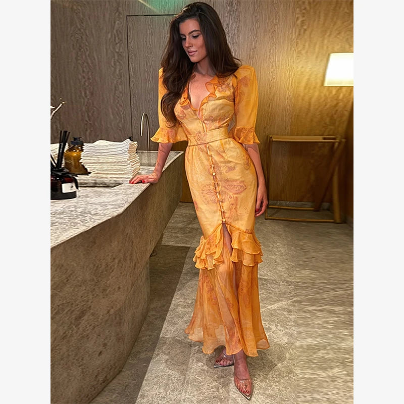 Women Chic Printed Gathered Large Swing Dress Sexy Sleeveless High Waist Slim Fit Sling Dresses 2026 New Lady Party Club Gowns