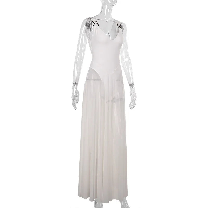 DGLUKE Transparent Mesh Maxi Dress With Bodysuit Plunging Backless Long Summer Dress Women Sexy Beach Party Dresses
