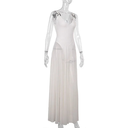 DGLUKE Transparent Mesh Maxi Dress With Bodysuit Plunging Backless Long Summer Dress Women Sexy Beach Party Dresses