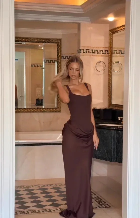 Solid Pleated Sling Dress Square Neck Sleeveless Off-shoulder Waist Cinching Slim Women Dresses Fashion Evening Party Gowns 2025