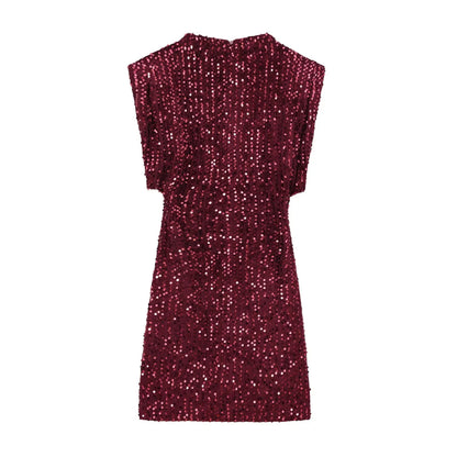 KONDALA 2026 Spring Women Sequined Party Dresses Shoulder Pad Sheath Mini Dress Sleeveless Valentine‘s Day Women Elegant Dresses