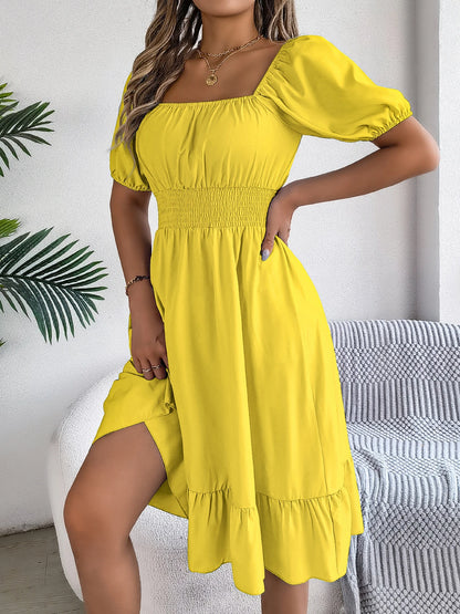 Spring Summer Elegant High Waisted Dress Square Neck Short Sleeved Ruffled Edge Long Dresses 2026 Valentine's Day Woman Clothing