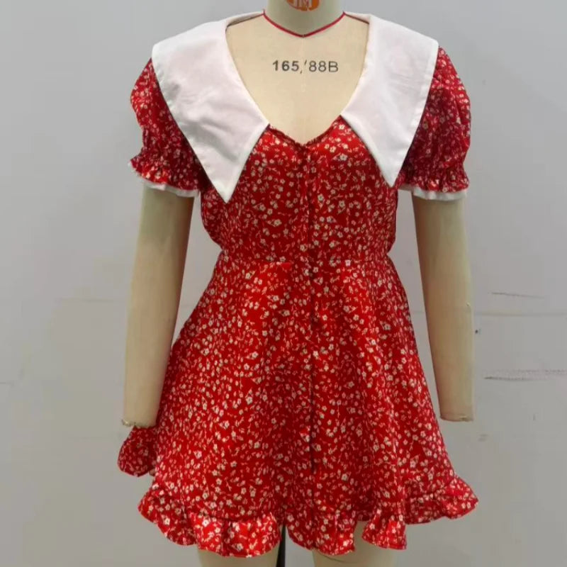 Red Floral Print Peter Pan Collar Women Summer Dress Puff Sleeve V Neck A-line Mini Dresses  2026 Lady Weekend Getaway Vestidos