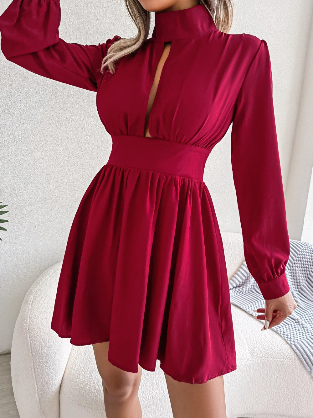 Women Autumn Casual Solid Hollow Out Long Sleeve A Line Dress 2026 Fashion Elegant Dresses Red Black White Sexy Woman Clothing