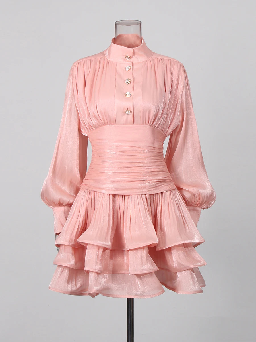 TWOTWINSTYLE Solid Spliced Ruffles Folds Elegant Dresses for Women Stand Neck Long Sleevs Tunic Temperament Dress Female Fashion