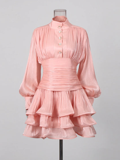 TWOTWINSTYLE Solid Spliced Ruffles Folds Elegant Dresses for Women Stand Neck Long Sleevs Tunic Temperament Dress Female Fashion