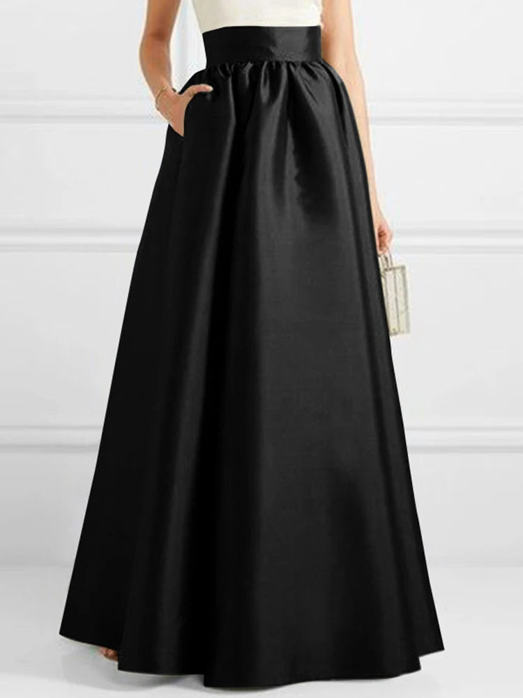ZANZEA Women Satin Silk Black Maxi Long Skirts Elegant Luxury High Waisted A-Line Party Jupe Femme with Back Zipper Faldas Mujer