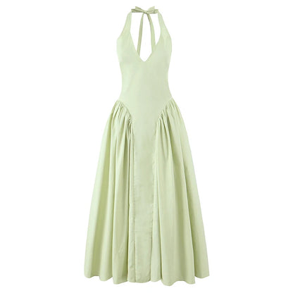 YENKYE Sexy Backless Green Elegant Halter Dress For Women Low Waist A-line Midi Summer Evening Party Dresses Cotton Robe
