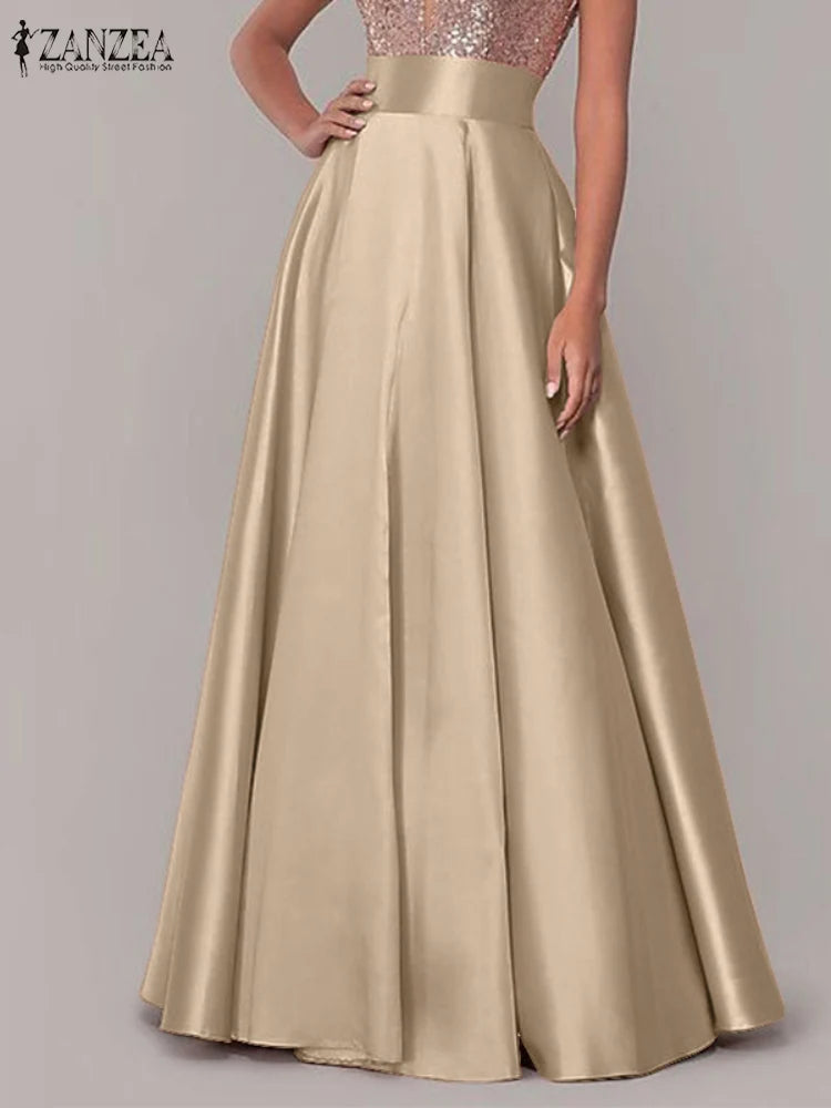 ZANZEA Women Satin Silk Black Maxi Long Skirts Elegant Luxury High Waisted A-Line Party Jupe Femme with Back Zipper Faldas Mujer
