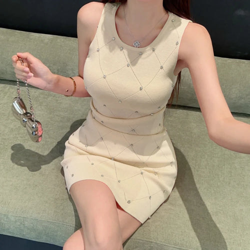 2024 New Summer Women Vintage Ladies Sleeveless Slim Elastic Knit Vest Dress Knitted Elegant Sexy Bodycon Mini Dresses