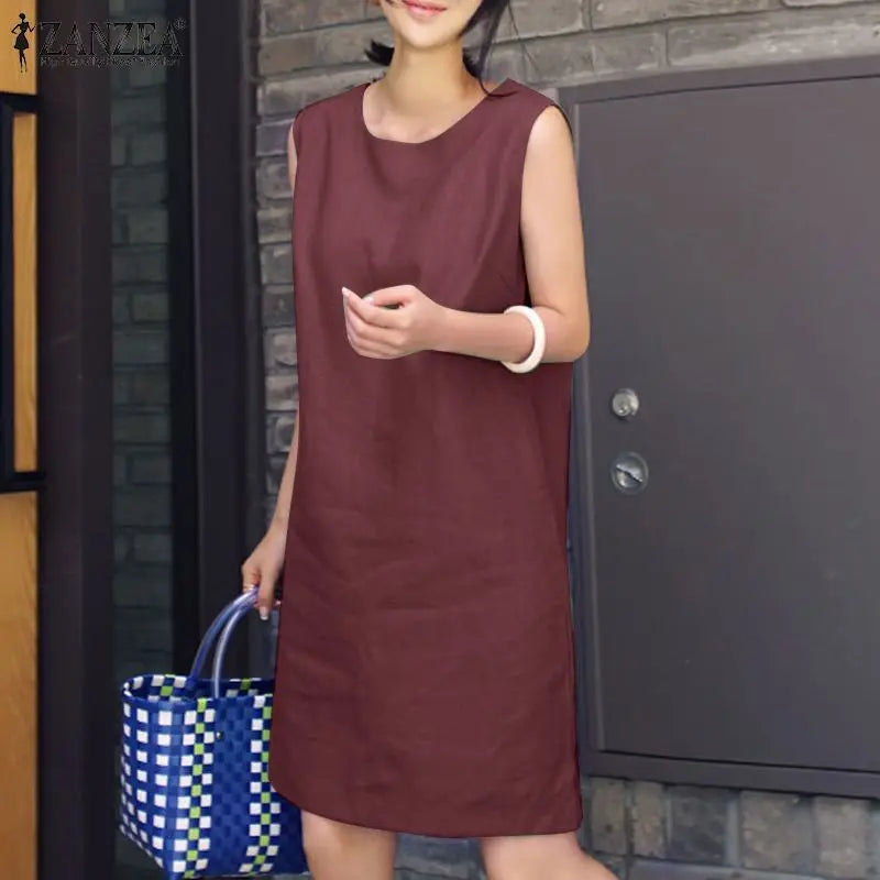 2024 Summer Dress ZANZEA Fashion Sleeveless Beach Vestidos Office Work Sundress Women Elegant Solid Color Dresses Robe Femme