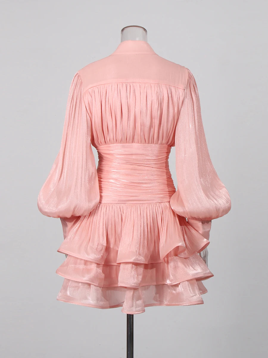TWOTWINSTYLE Solid Spliced Ruffles Folds Elegant Dresses for Women Stand Neck Long Sleevs Tunic Temperament Dress Female Fashion