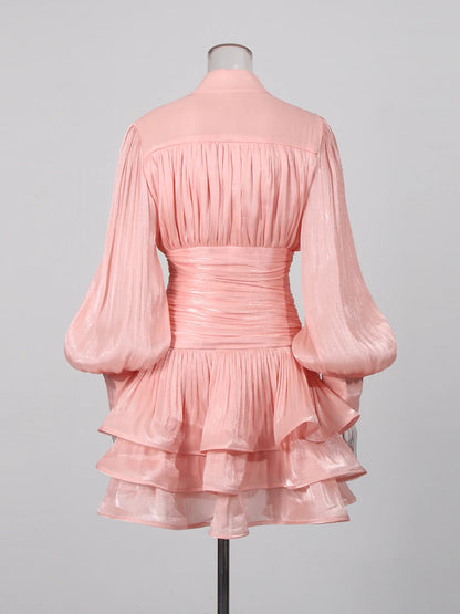 TWOTWINSTYLE Solid Spliced Ruffles Folds Elegant Dresses for Women Stand Neck Long Sleevs Tunic Temperament Dress Female Fashion