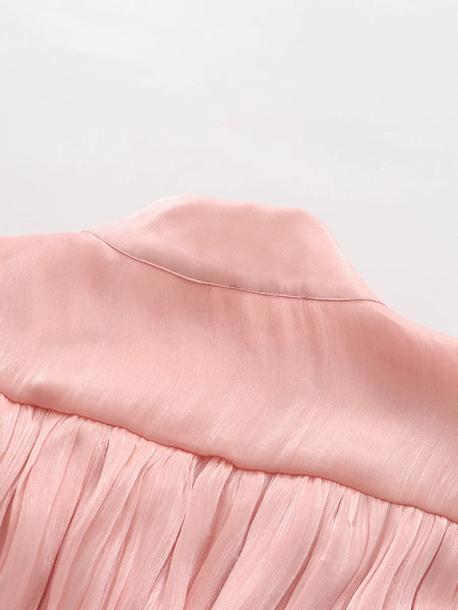 TWOTWINSTYLE Solid Spliced Ruffles Folds Elegant Dresses for Women Stand Neck Long Sleevs Tunic Temperament Dress Female Fashion