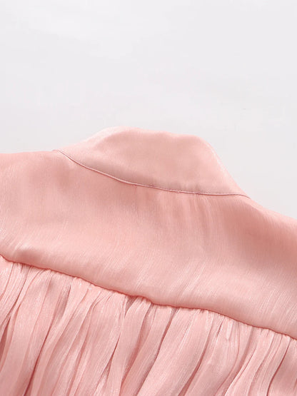 TWOTWINSTYLE Solid Spliced Ruffles Folds Elegant Dresses for Women Stand Neck Long Sleevs Tunic Temperament Dress Female Fashion