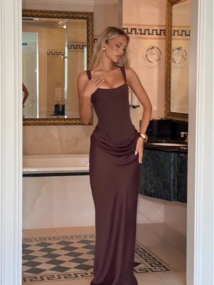 Solid Pleated Sling Dress Square Neck Sleeveless Off-shoulder Waist Cinching Slim Women Dresses Fashion Evening Party Gowns 2025