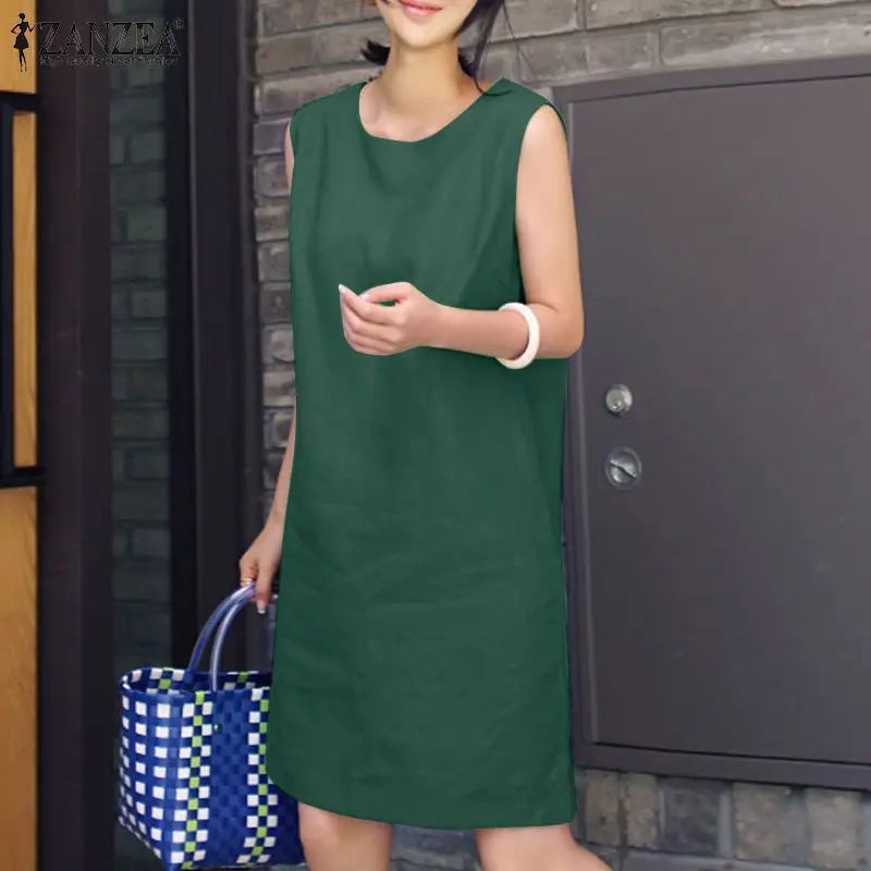 2024 Summer Dress ZANZEA Fashion Sleeveless Beach Vestidos Office Work Sundress Women Elegant Solid Color Dresses Robe Femme