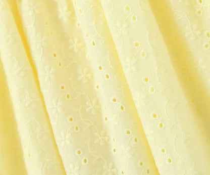 YENKYE Sexy Elegant Women Hollow Out Embroidery Yellow Sling Mini Dress Low Waist Lace Up Bandage Party Dresses Birthday Robe