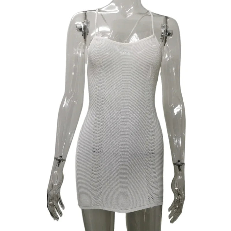 Cryptographic Knitted Sexy Backless Strapless Mini Dress for Women Elegant Summer Hollow Out Bodycon Dresses Vestido Clothes