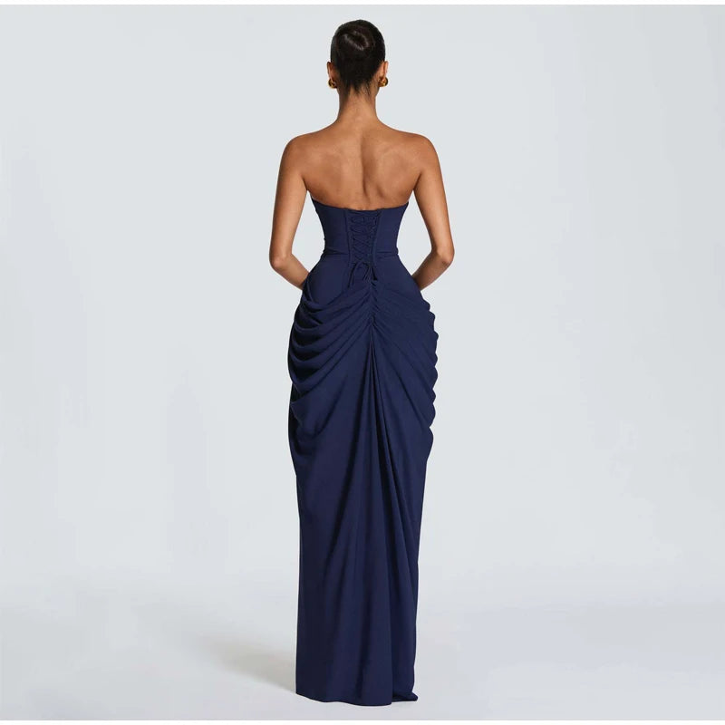 Yellow Strapless Pleated Women Split Maxi Dress Elegant Sleeveless Waist Cinching Slim Fit Dresses 2026 Lady Daily Party Gowns