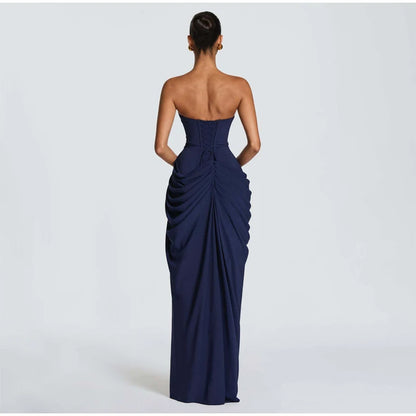 Yellow Strapless Pleated Women Split Maxi Dress Elegant Sleeveless Waist Cinching Slim Fit Dresses 2026 Lady Daily Party Gowns