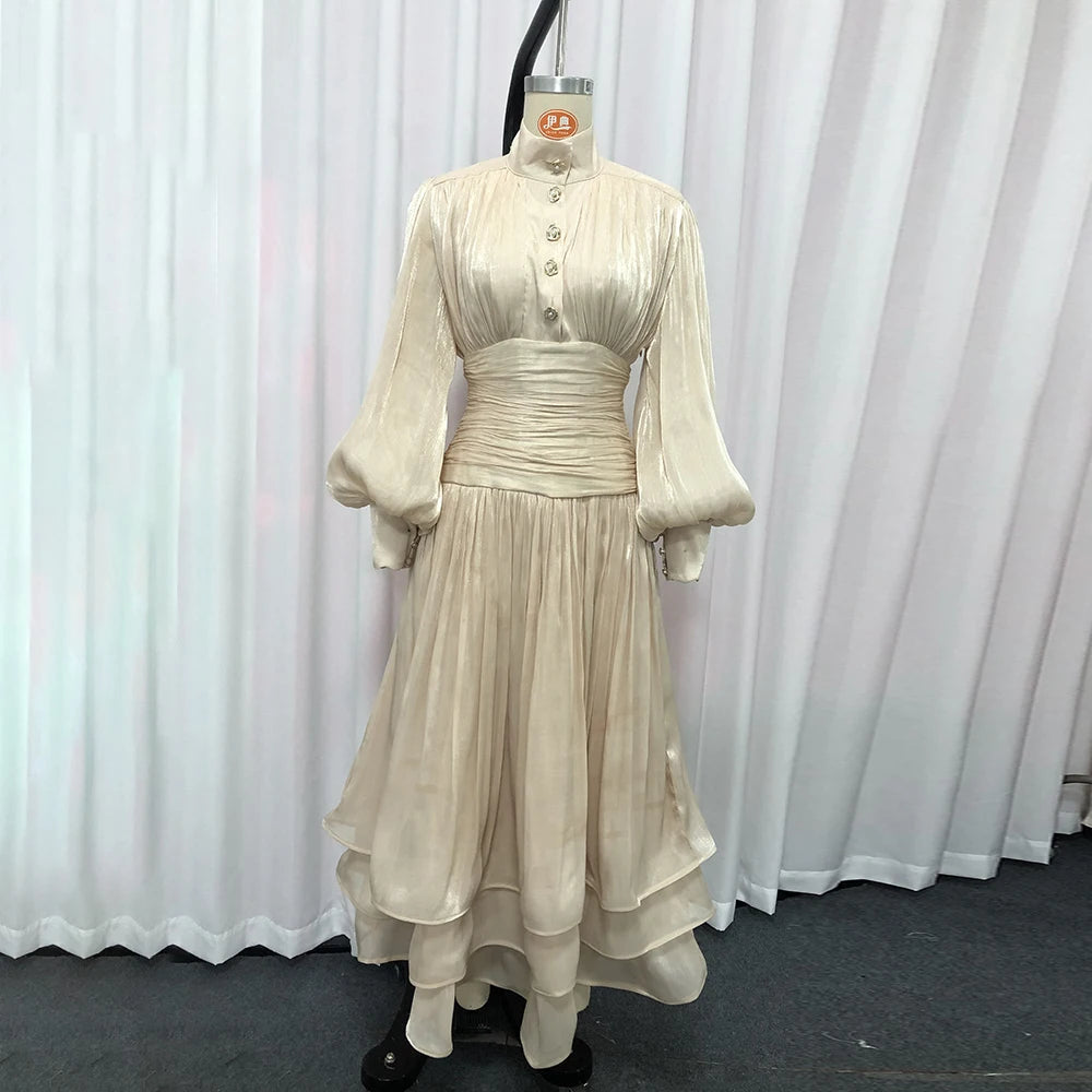 TWOTWINSTYLE Solid Spliced Ruffles Folds Elegant Dresses for Women Stand Neck Long Sleevs Tunic Temperament Dress Female Fashion