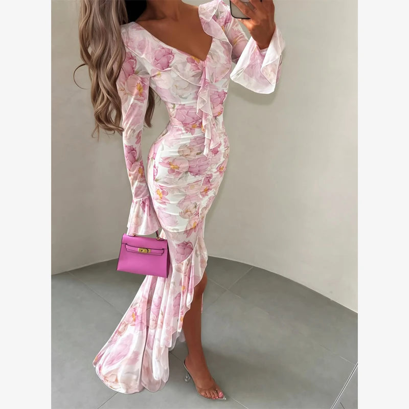 Women Chic Printed Gathered Large Swing Dress Sexy Sleeveless High Waist Slim Fit Sling Dresses 2026 New Lady Party Club Gowns