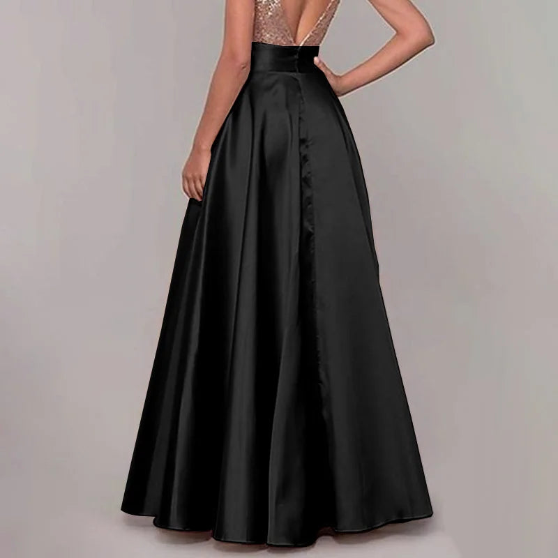 ZANZEA Women Satin Silk Black Maxi Long Skirts Elegant Luxury High Waisted A-Line Party Jupe Femme with Back Zipper Faldas Mujer