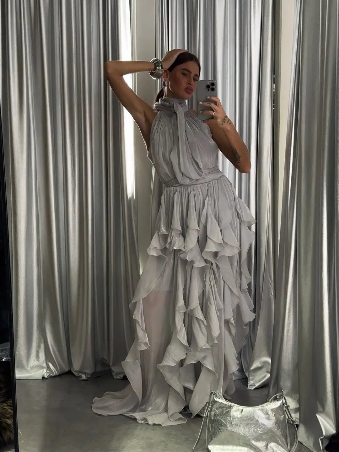 Women Solid Halter Neck Ruffle Long Dress Elegant Sleeveless Chiffon Tiered Waist Cinching Maxi Dresses 2026 New Street Vestidos