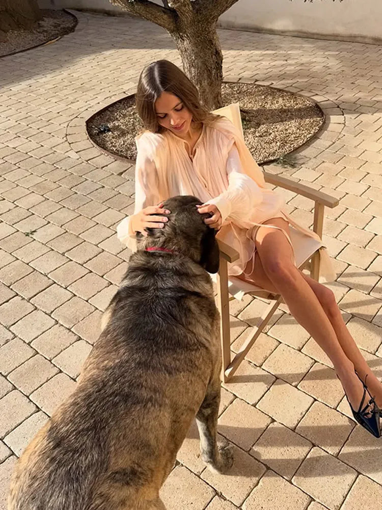 Fashion Solid Mesh Long Sleeved Backless Pleated Prom Dresses Chic Ruffle Bow Lace Up Women Mini Dresses Lady Spring Party Robe