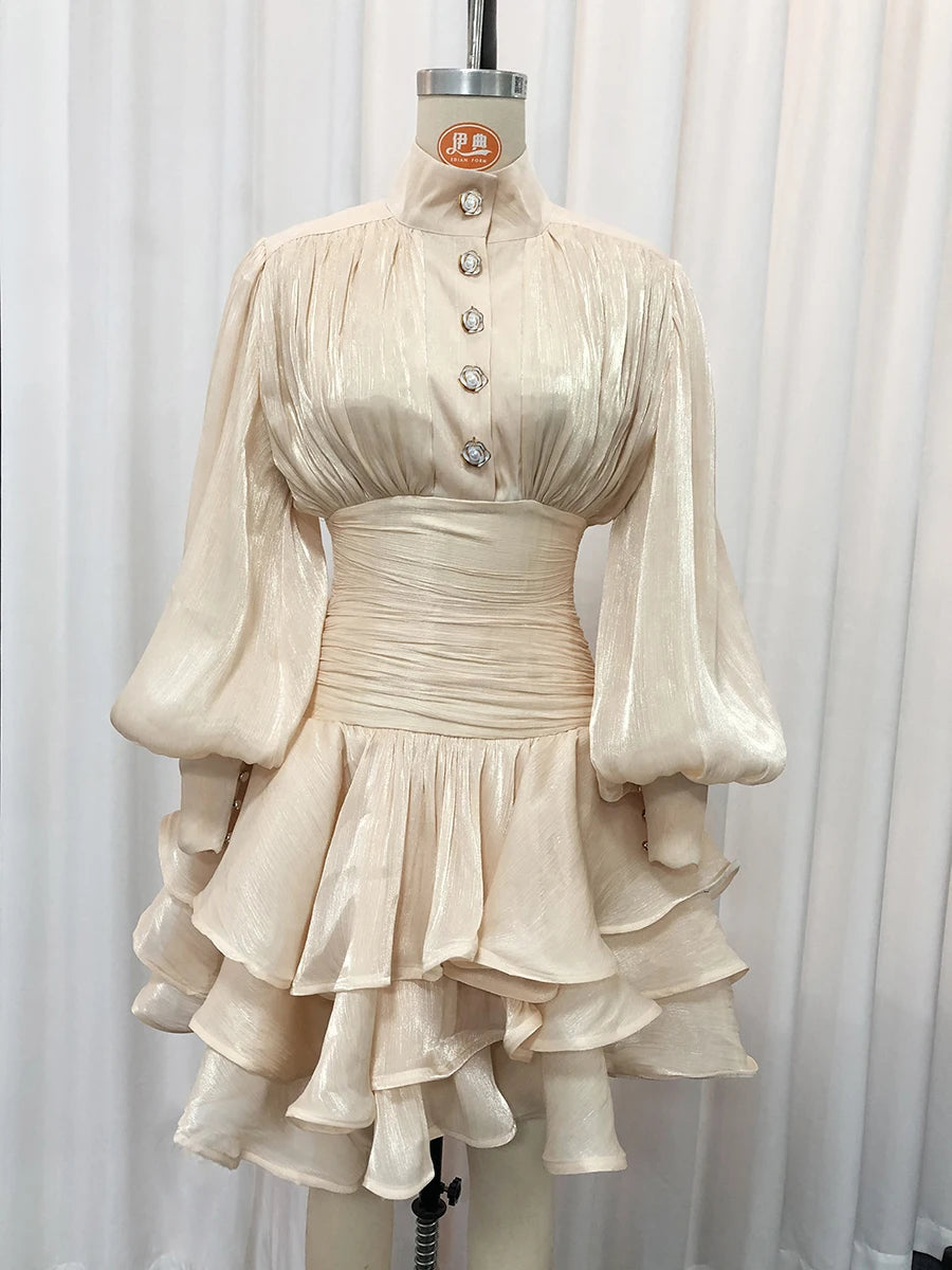 TWOTWINSTYLE Solid Spliced Ruffles Folds Elegant Dresses for Women Stand Neck Long Sleevs Tunic Temperament Dress Female Fashion
