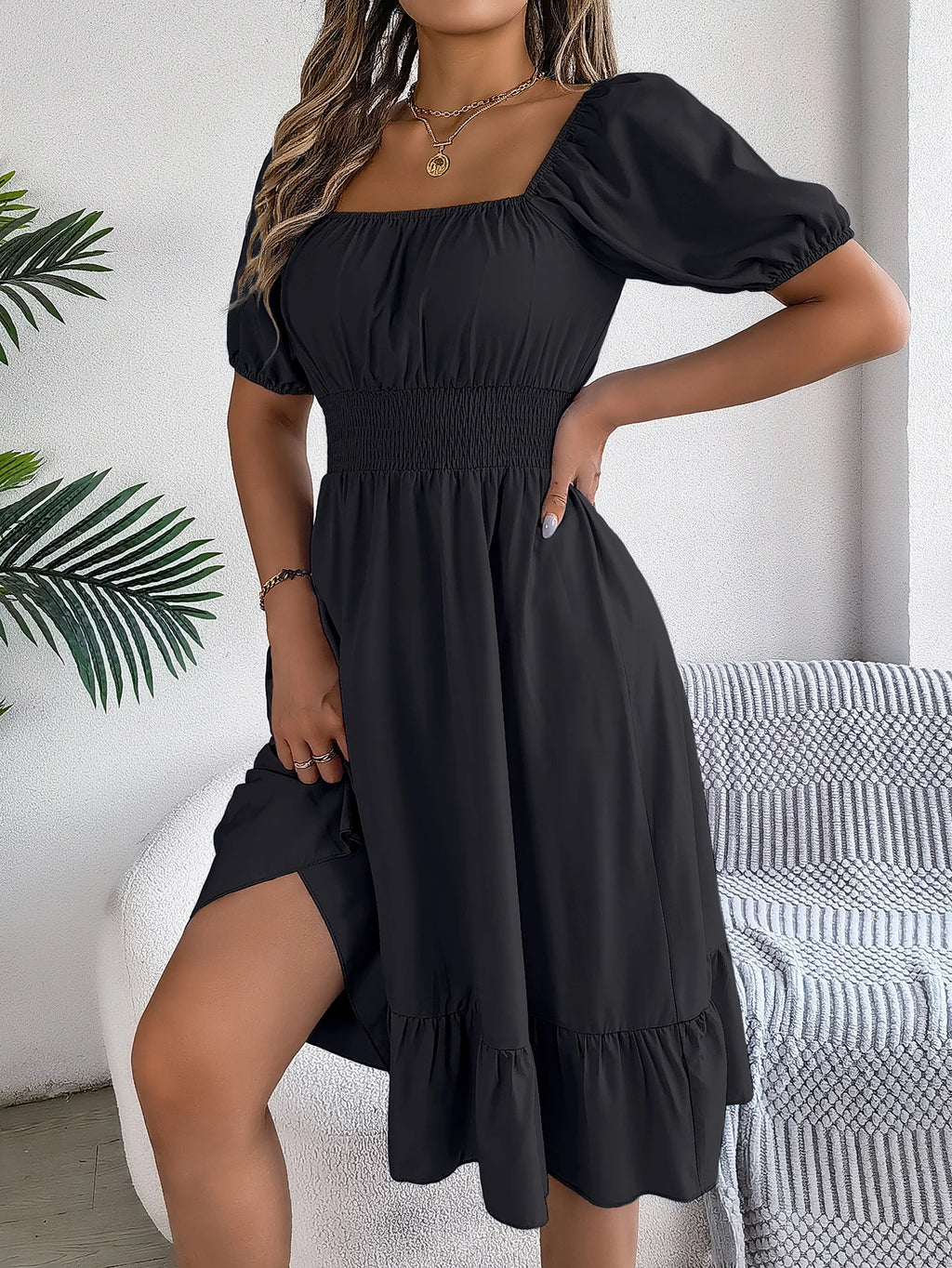 Spring Summer Elegant High Waisted Dress Square Neck Short Sleeved Ruffled Edge Long Dresses 2026 Valentine's Day Woman Clothing