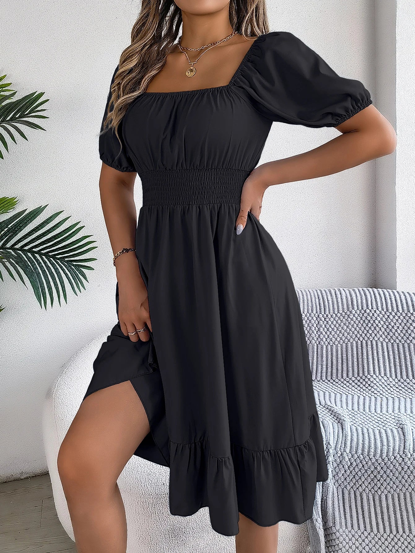 Spring Summer Elegant High Waisted Dress Square Neck Short Sleeved Ruffled Edge Long Dresses 2026 Valentine's Day Woman Clothing