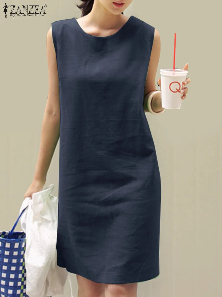 2024 Summer Dress ZANZEA Fashion Sleeveless Beach Vestidos Office Work Sundress Women Elegant Solid Color Dresses Robe Femme