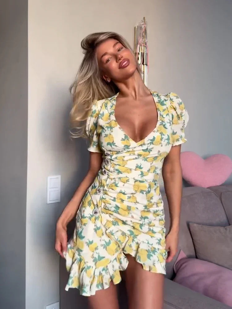 Chic Ruffle Print Slim Fit Dress Women Chic Flared sleeves V-neck Pleated Short Dresses 2026 Lady Summer Casual Daily Vestidos