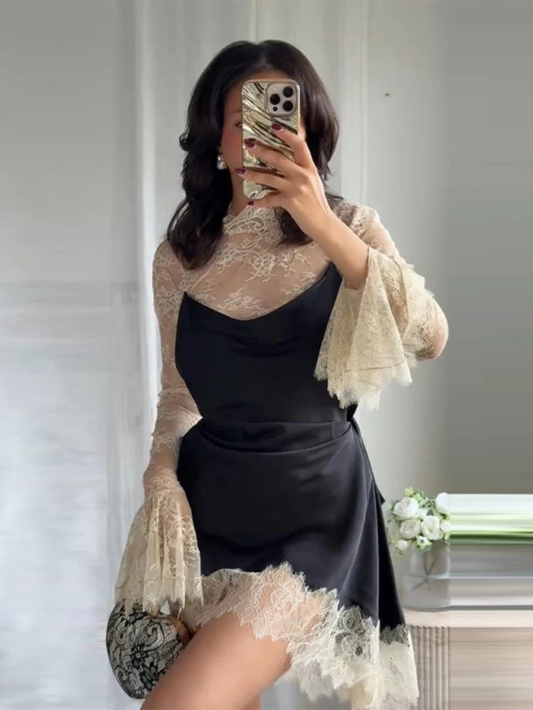 Lace Patchwork Panelled Short Dress Women Sexy Hollow Out Flare Long Sleeve Pleat Party Evening Dresses Charming Ladies Clubwear