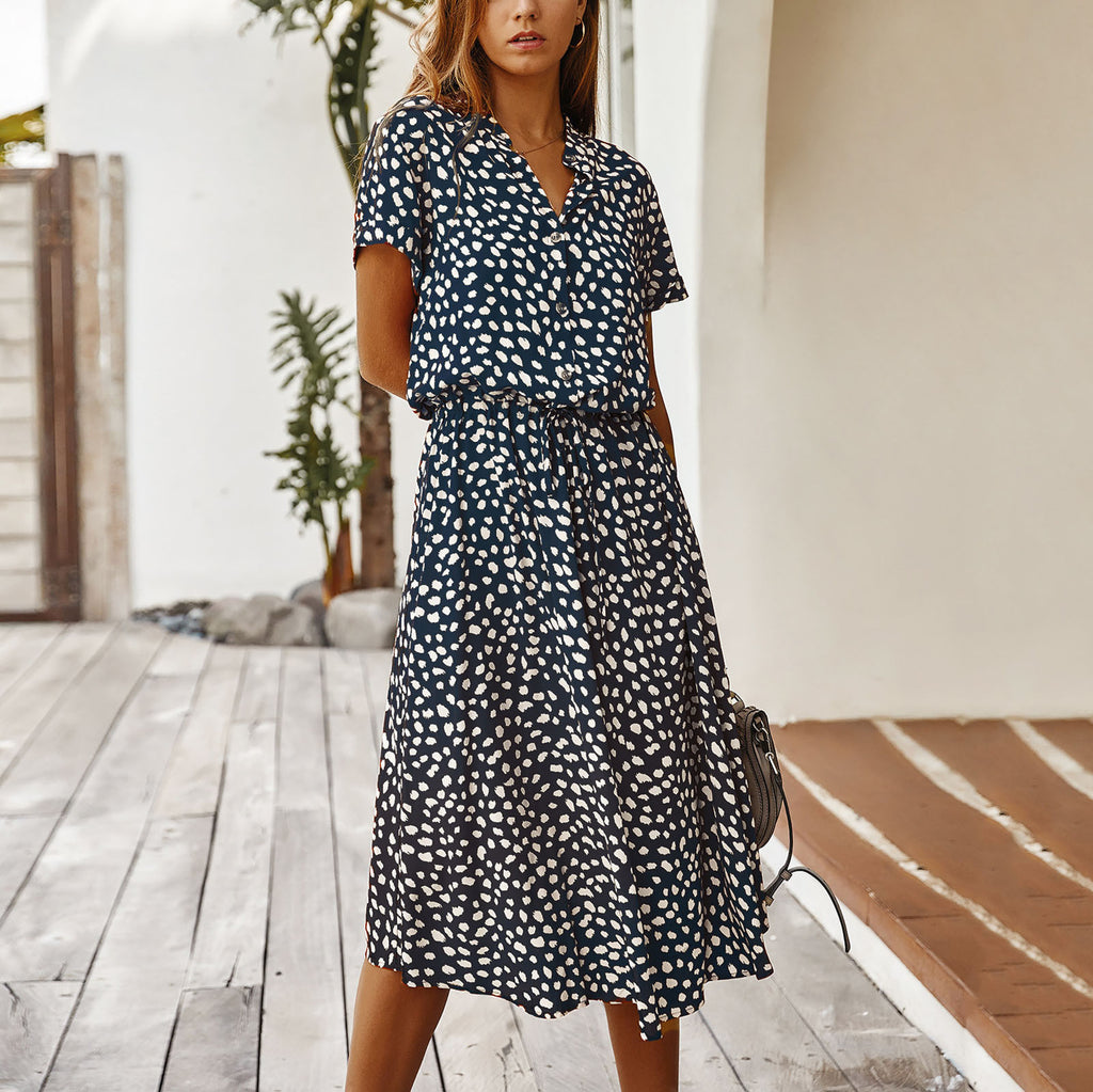 Summer Dresses Women Summer Polka Dot Printing Dresses With Buttons Short Sleeves Drawstring High Waist Dress Vestidos 2023