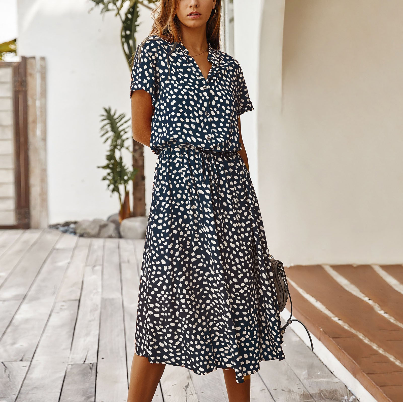 Summer Dresses Women Summer Polka Dot Printing Dresses With Buttons Short Sleeves Drawstring High Waist Dress Vestidos 2023